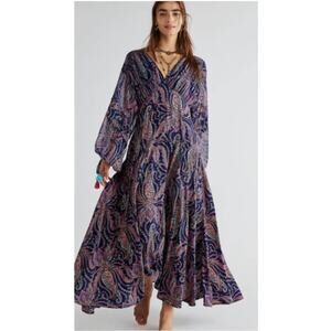 New Free People Mirage Boho Paisley Maxi Dress $198 Size 0 Long Sleeve
